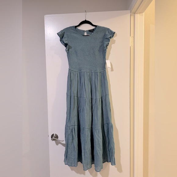 Blue/green flutter sleeve midi dress with ruched bodice size large - Picture 3 of 7